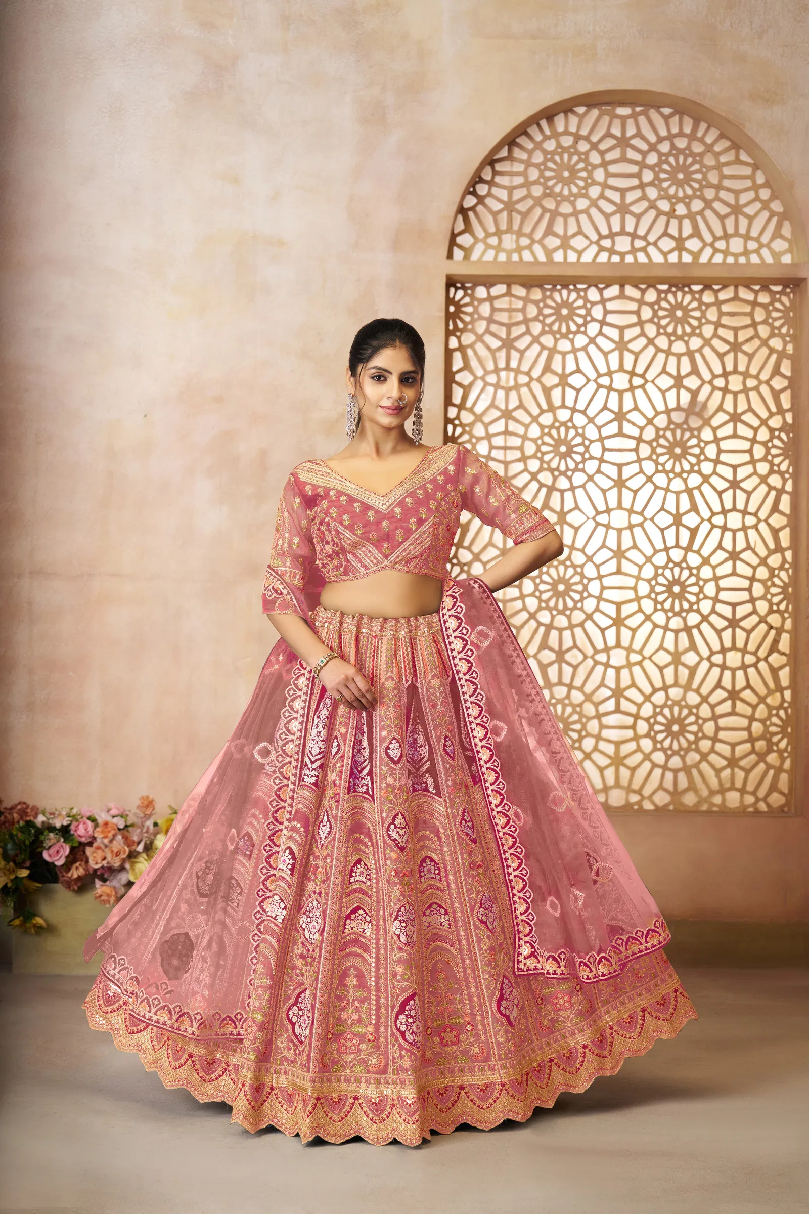 Kf 31 Pink Banarasi Silk Embroidered Lahenga For Wedding Wholesalers In Delhi

